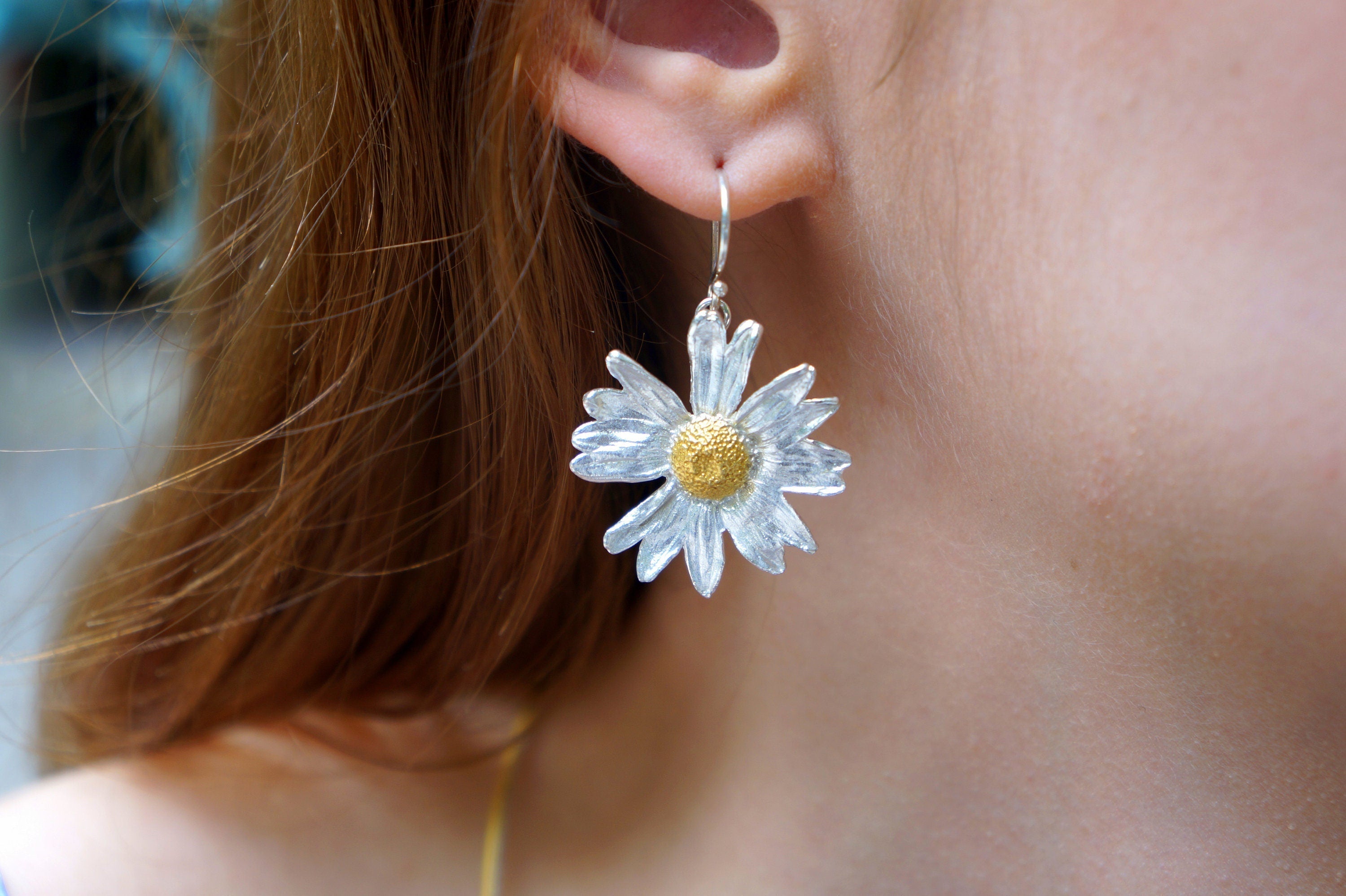 Daisy Flower Earrings, Gold-Plated Sterling Silver Jewelry, Handmade Jewelry, Gift for Her, Jewelry for Women-4
