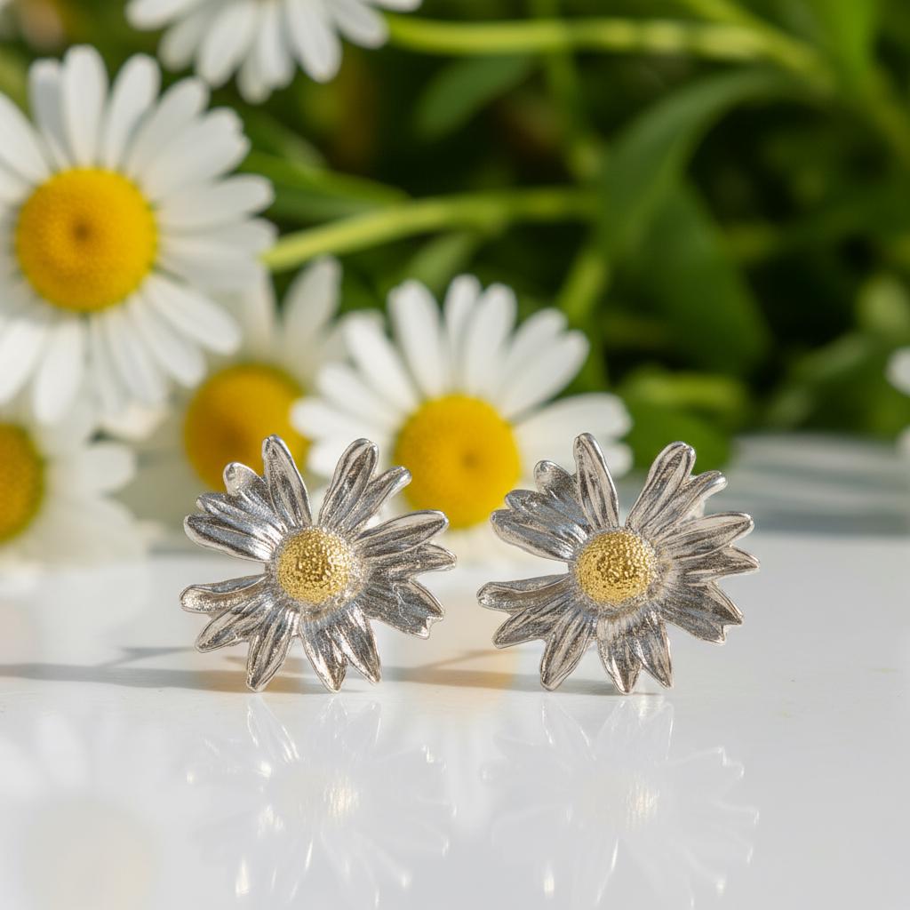 Daisy Flower Earrings, Gold-Plated Sterling Silver Jewelry, Handmade Jewelry, Gift for Her, Jewelry for Women-3