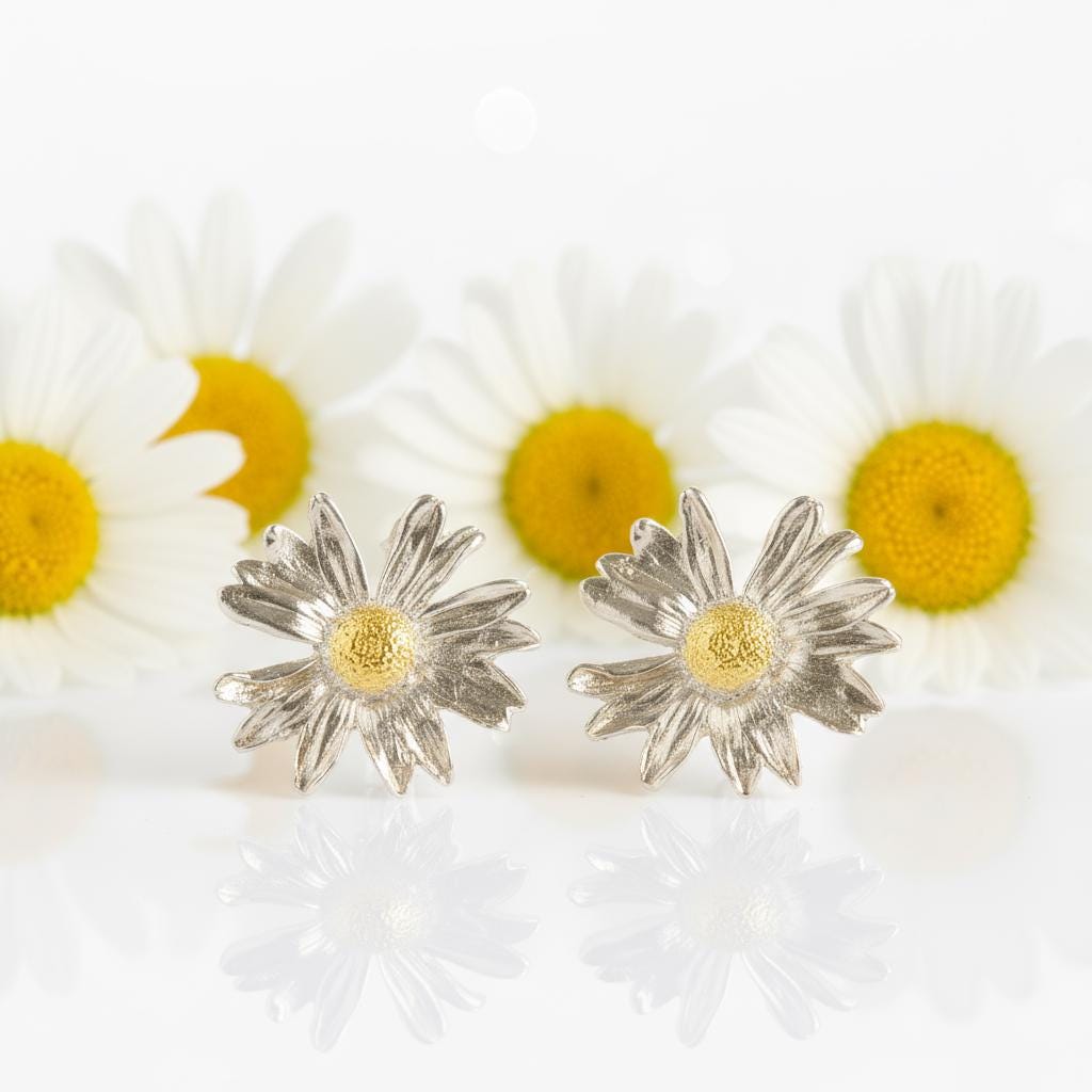 Daisy Flower Earrings, Gold-Plated Sterling Silver Jewelry, Handmade Jewelry, Gift for Her, Jewelry for Women-2